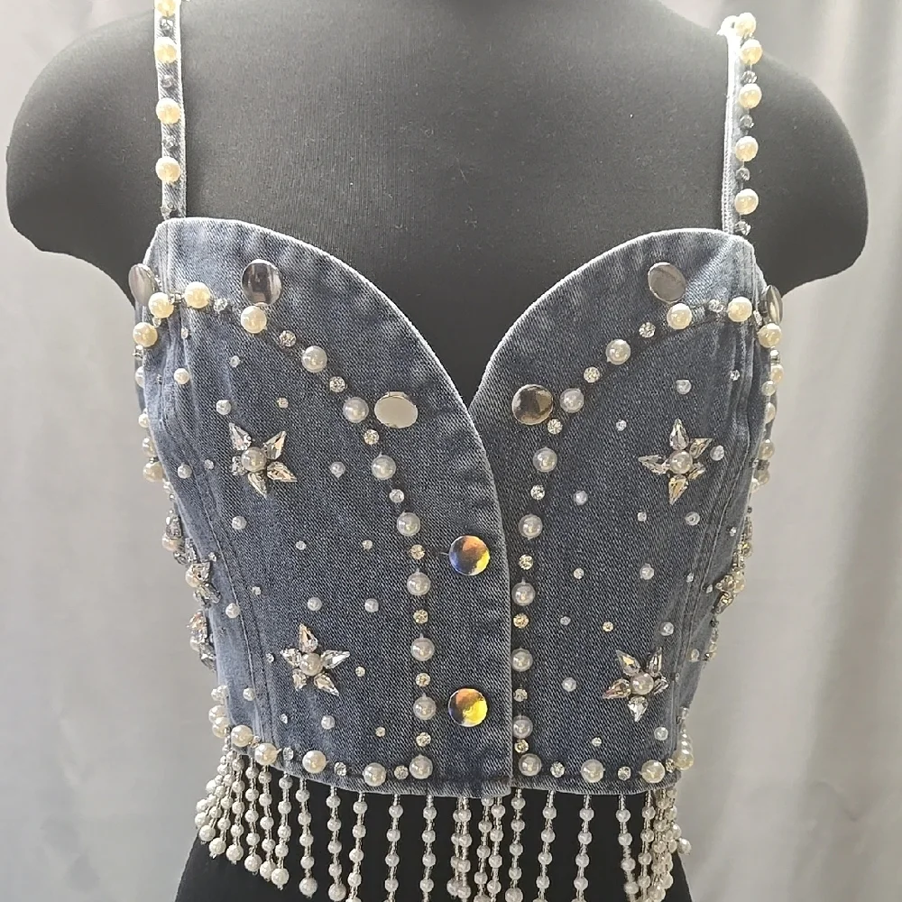 La'Rose Embellished Crystals Stones  Pearls Denim Crop Top Size Large - Picture 10 of 11